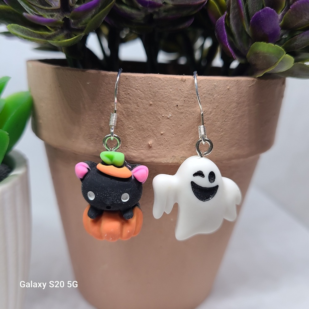 Halloween Earrings Ghost‎ & Black Cat Pumpkin Dangle Drop Costume Jewelry NWOT